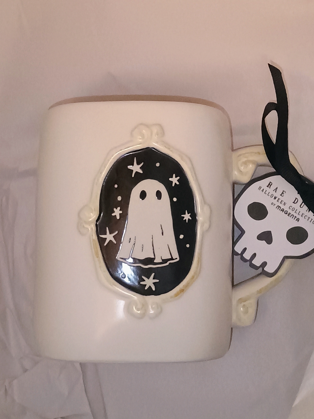 Rae Dunn Cream Ceramic Mug with Black Ghost Motif, Scroll Handle